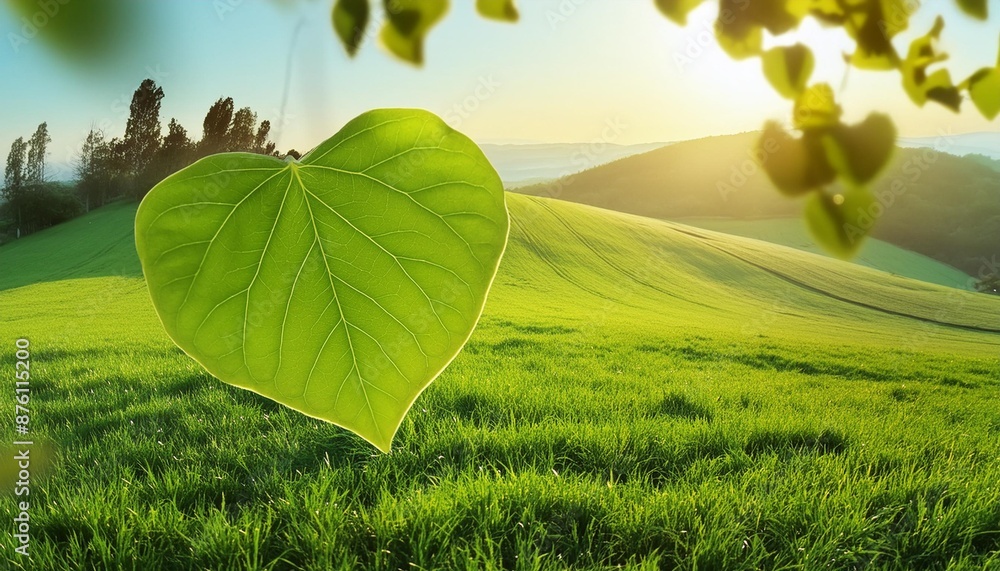 Poster heart shape leaf on green background falling leaf on green field