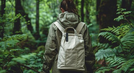 Canvas tote bag on male shoulder, nature forest background. Banner.