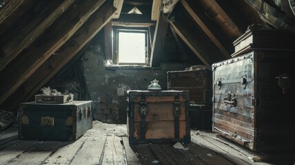 Dusty attic with vintage wooden trunks near small window
