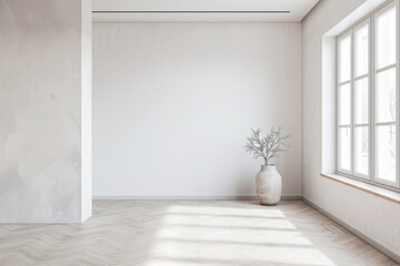 Fototapeta premium Empty room interiors in a minimalist property with neutral colors and plain lighting. Residential Real Estate composition with minimal furniture.