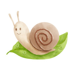 Cute cartoon snail on green leaf, watercolor vector illustration.