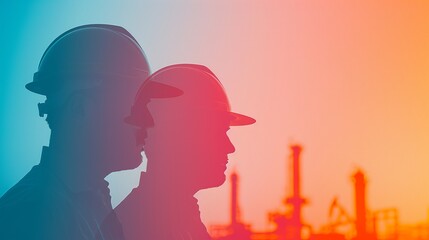 Engineers silhouette and double exposure integrated with an oil refinery setting, illustrating expertise in energy production and industrial processes. Clean and Clear Color, Realistic Photo, ,