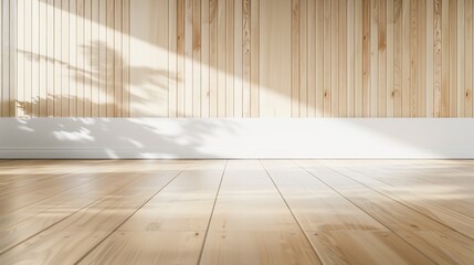 Sunlight streams through a window, illuminating a bright room with warm wooden floors, crisp white walls, and elegant light wood paneling.