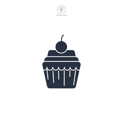 cupcake with frosting and a cherry on top Icon symbol vector illustration isolated on white background