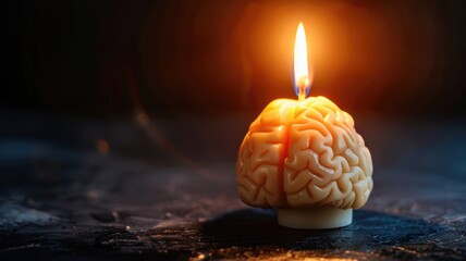 Brain-shaped candle lit with small flame in dark setting