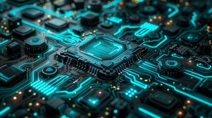 A close-up of a futuristic circuit board with glowing blue and green lines, providing a sleek and high-tech background. Ideal for themes of technology, innovation, and electronics. AI Generative.