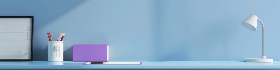 Educational messages highlighted by a stylish white and purple desk setup against a blue wall,