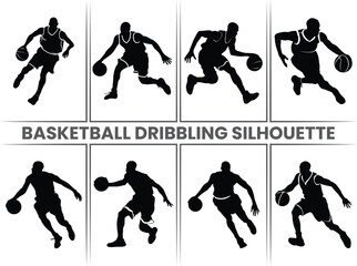 In basketball Dribbling Silhouette Bundle, the players dribble in half-turn poses, perfect for highlighting teamwork. Includes soccer silhouettes for sports.