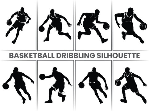 In basketball Dribbling Silhouette Bundle, the players dribble in half-turn poses, perfect for highlighting teamwork. Includes soccer silhouettes for sports.