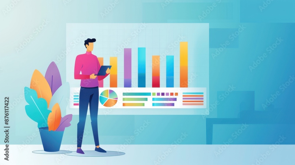 Poster a vector image of a virtual presentation with a professional presenting colorful metrics graphs in b