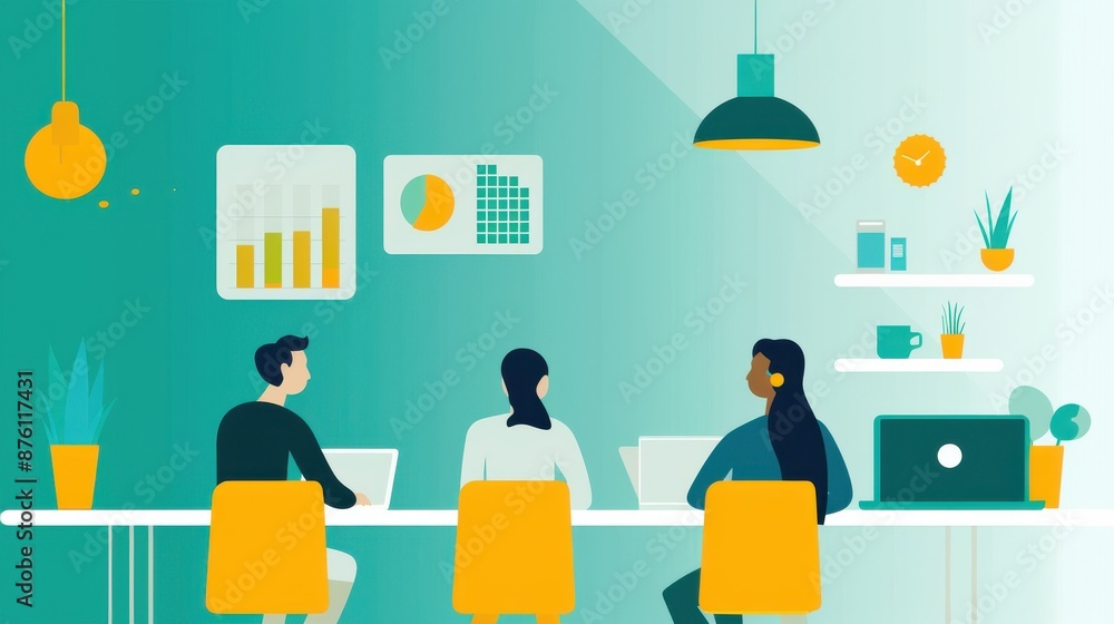 Poster a vector image of a modern office setting with employees collaborating over colorful blue-toned grap