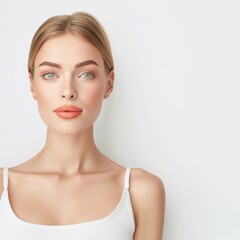 Fototapeta premium A woman in a half-body view, with visible arms, applying a soft coral lip tint