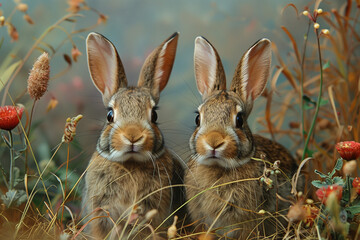 Fototapeta premium Rabbits hopping through tall grass