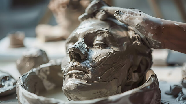 Using water and clay, the artist crafts a sculpture of a man's head, focusing on the jaw for an intricate carving. This art form dates back to ancient history.
