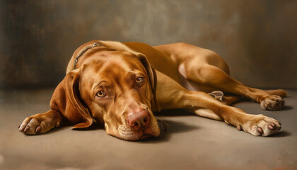 A portrait of a dog resting on the floor.