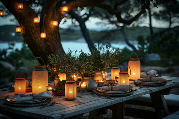 Evening Outdoor Dining Table with Lanterns. A beautifully set outdoor dining table adorned with glowing lanterns and surrounded by lush greenery, creating a cozy evening ambiance.
