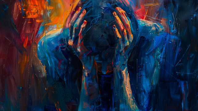 A man sits alone feeling a sense of despair and loss, Colorful painting art of a man praying and worshiping. Christian worship and praise illustration
