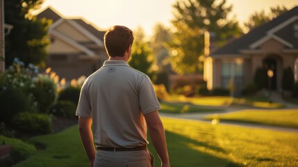 Fototapeta premium A man seen from behind, wearing a clean polo shirt and khaki pants, walking through a tidy suburban neighborhood