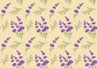 Floral seamless pattern with lavender branches and green leaf branches on a yellow background. Without Borders. Textiles, design.