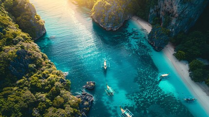 Tropical beach in Thailand, summer vacation. Island travel, blue skies. Sand and ocean views, lagoon bays. Paradise water, Krabi and Phuket. Green cliffs, Andaman rock formations