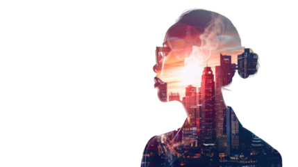 Double exposure of portrait office business workers and building architecture cityscape. creation city concept. Transparent background or PNG file.