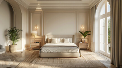 Luxurious Bright Bedroom With Comfortable King Size Bed and Modern Furniture. Template For Expensive Residential Mansion. Concept For Interior, Architecture and Lifestyle