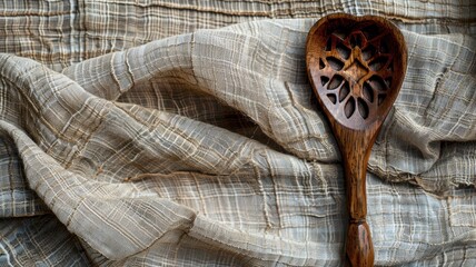 Intricate wooden ladle on textured, patterned fabric