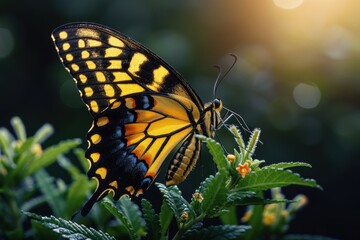 Fototapeta premium Close-up of a vibrant yellow and black butterfly perched on green foliage with a sunlit background, capturing nature's beauty.