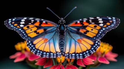 Naklejka premium Close-up of a vibrant butterfly resting on colorful flowers, showcasing beautiful wing patterns and intricate details.