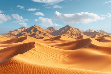 Naklejka premium Stunning desert landscape with rolling dunes and distant mountains under a clear blue sky with scattered clouds.