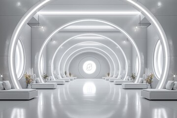 Obraz premium Futuristic white interior with circular arches, lounge seating, and modern lighting. Minimalistic and sleek design.