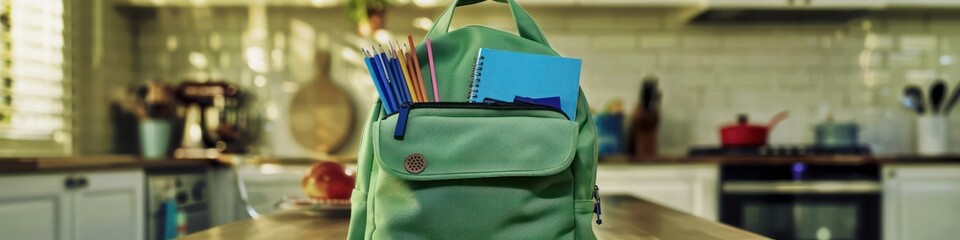 Naklejka premium School-ready kitchen scene with green backpack and blue items, family setting,