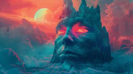 Fototapeta premium Surreal Illustration of a Giant Face Figure on Another Planet