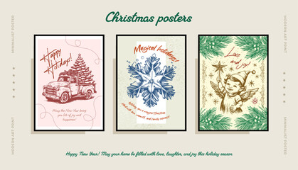 A large set of holiday cards for the winter season. Christmas templates with universal decorative frames with floral ornaments, Christmas trees, reindeer, birds and holiday greetings. Vector backgroun