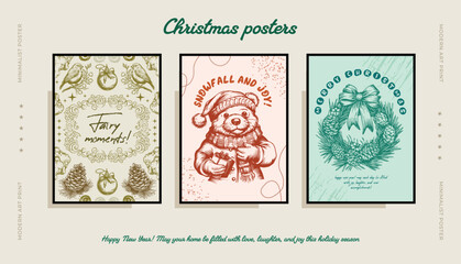 A large set of holiday cards for the winter season. Christmas templates with universal decorative frames with floral ornaments, Christmas trees, reindeer, birds and holiday greetings. Vector backgroun