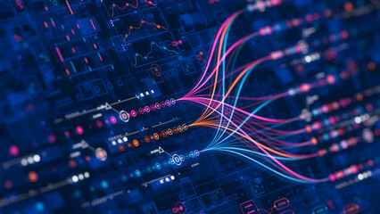 Big data technology Data science analysing artificial intelligence generative AI deep learning machine learning algorithm Neural flow network analytics innovation abstract futuristic. 3d rendering..