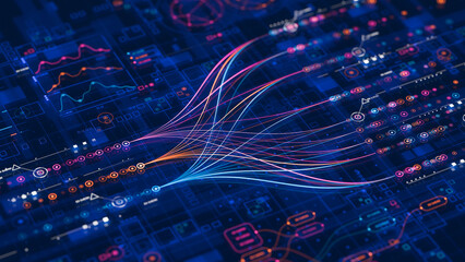 Big data technology Data science analysing artificial intelligence generative AI deep learning machine learning algorithm Neural flow network analytics innovation abstract futuristic. 3d rendering..