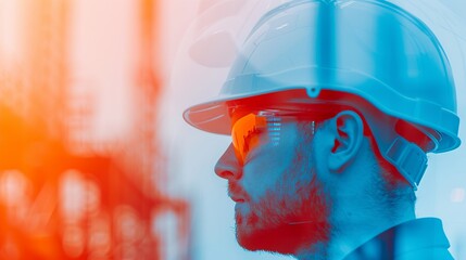 Technicians silhouette and double exposure in contrast with a high-tech industrial plant, symbolizing technical prowess and modern manufacturing. Clean and Clear Color, Realistic Photo, , Minimalism,