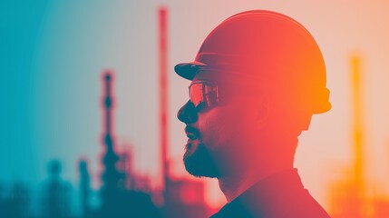 Technicians silhouette and double exposure in contrast with a high-tech industrial plant, symbolizing technical prowess and modern manufacturing. Clean and Clear Color, Realistic Photo, , Minimalism,