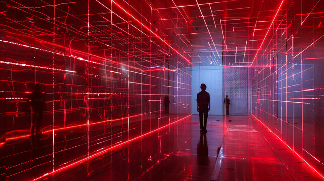 Room Filled with Red Laser Beams and Neon, Silhouette of a Person

