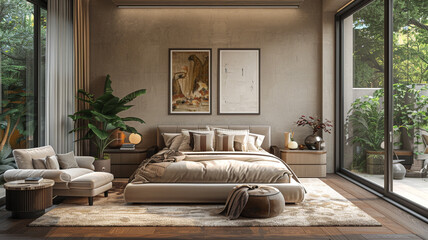 Modern interior bedroom design and decoration in beige and earth tone furniture. 3d rendering