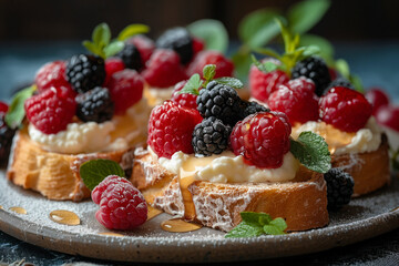 Delicious Berry Topped French Toast. Close-up of French toast topped with fresh raspberries, blackberries, mint leaves, and drizzled with honey on a rustic plate.