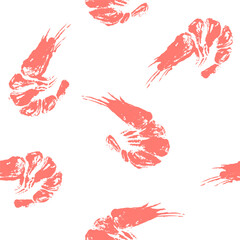 Pink textured stamp print shrimp seamless pattern on White background. Pink prawns stain