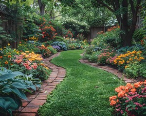 Naklejka premium Serene Oasis in Bloom - Stunning Full-Frame Shot of Lush Backyard Garden with Colorful Flowering Shrubs and Trees
