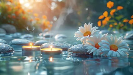 Spa background stones and candles, water, flowers and steam, natural light, cozy atmosphere for relaxation and meditation, spa retreats, wellness centers, relaxation spaces, slow motion footage
