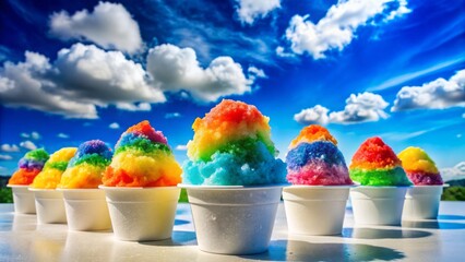 Vibrant rainbow-colored shaved ice treats overflowing from cones and paper cups against a bright blue sky with fluffy white clouds.