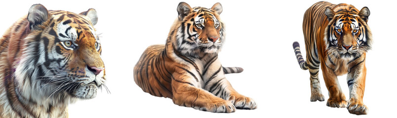 Three tiger pictures are shown, one of which is a tiger laying down, isolated on transparent background