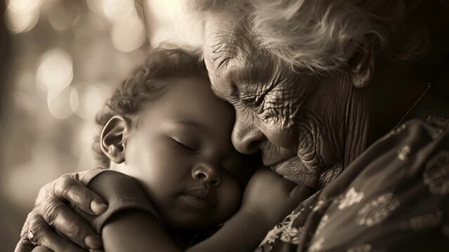 A grandmother lovingly cradles her grandchild her face radiating a lifetime of love and guidance. Black and white art