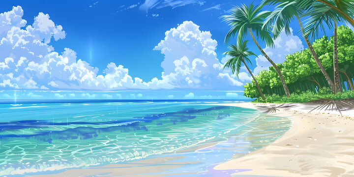 Crystal-clear waters and palm trees on a tropical beach, detailed view for travel and vacation themes.