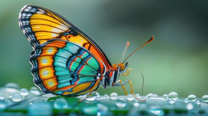 Vibrant butterfly with colorful wings resting on a dewy surface. Close-up of nature's beauty in detail, highlighting delicate patterns and textures.